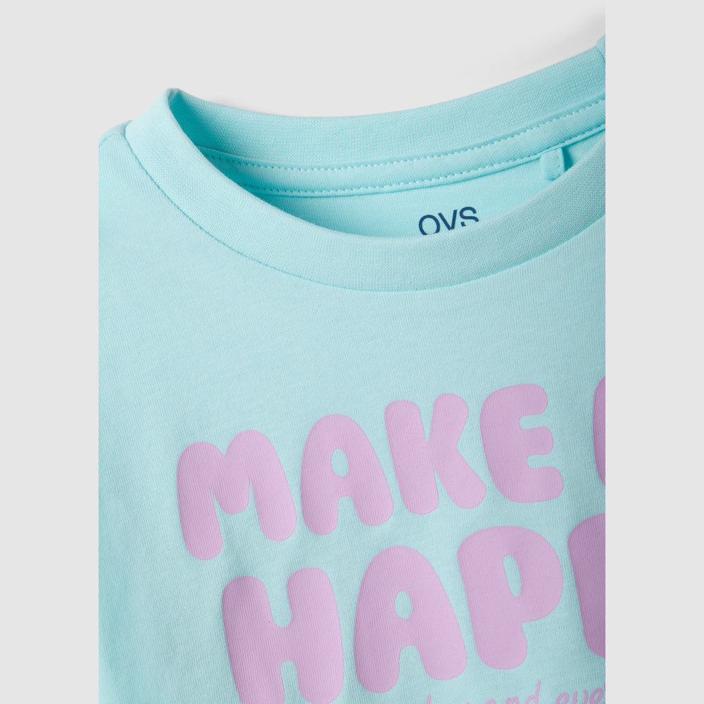 OVS | Camiseta Azul de Algodón Puro de Corte Boxy con Estampado para Niña
