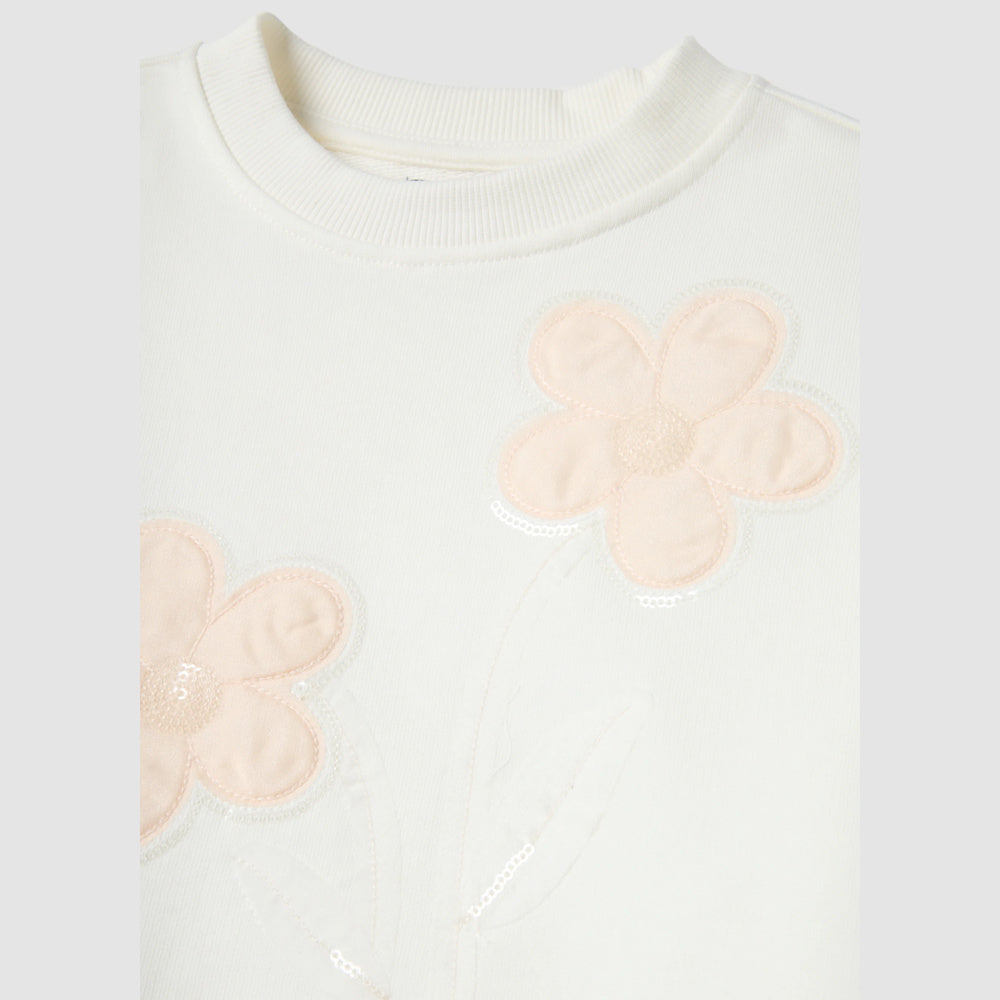 OVS | Sudadera blanca de algodón puro con bordado floral para niña