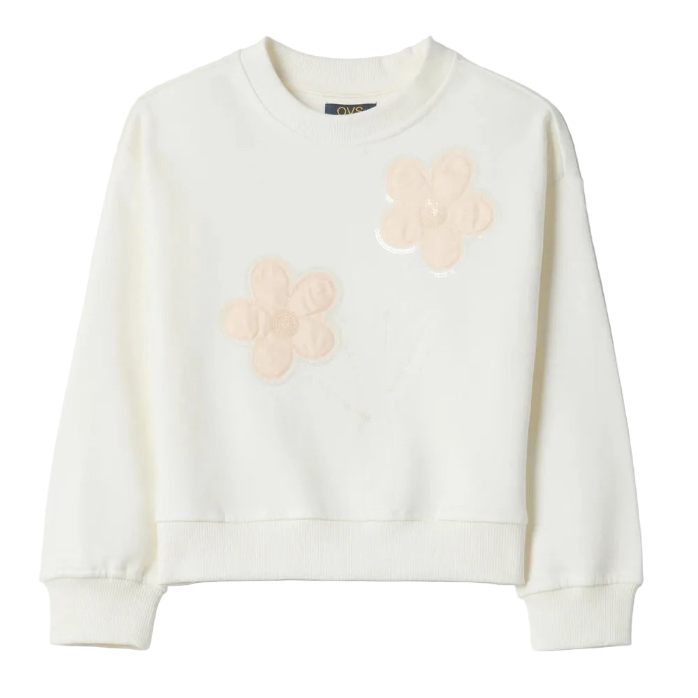 OVS | Sudadera blanca de algodón puro con bordado floral para niña