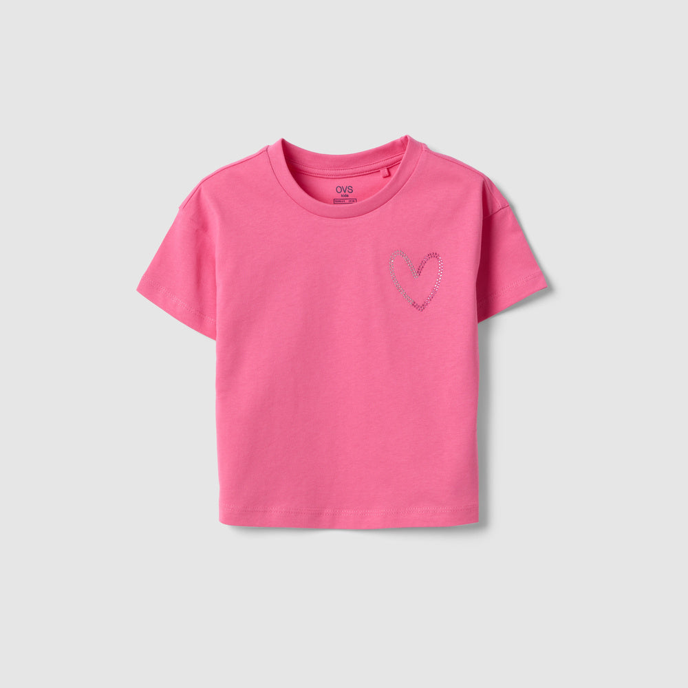 OVS | Camiseta Rosa de Algodón con Detalle de Corazones para Niña
