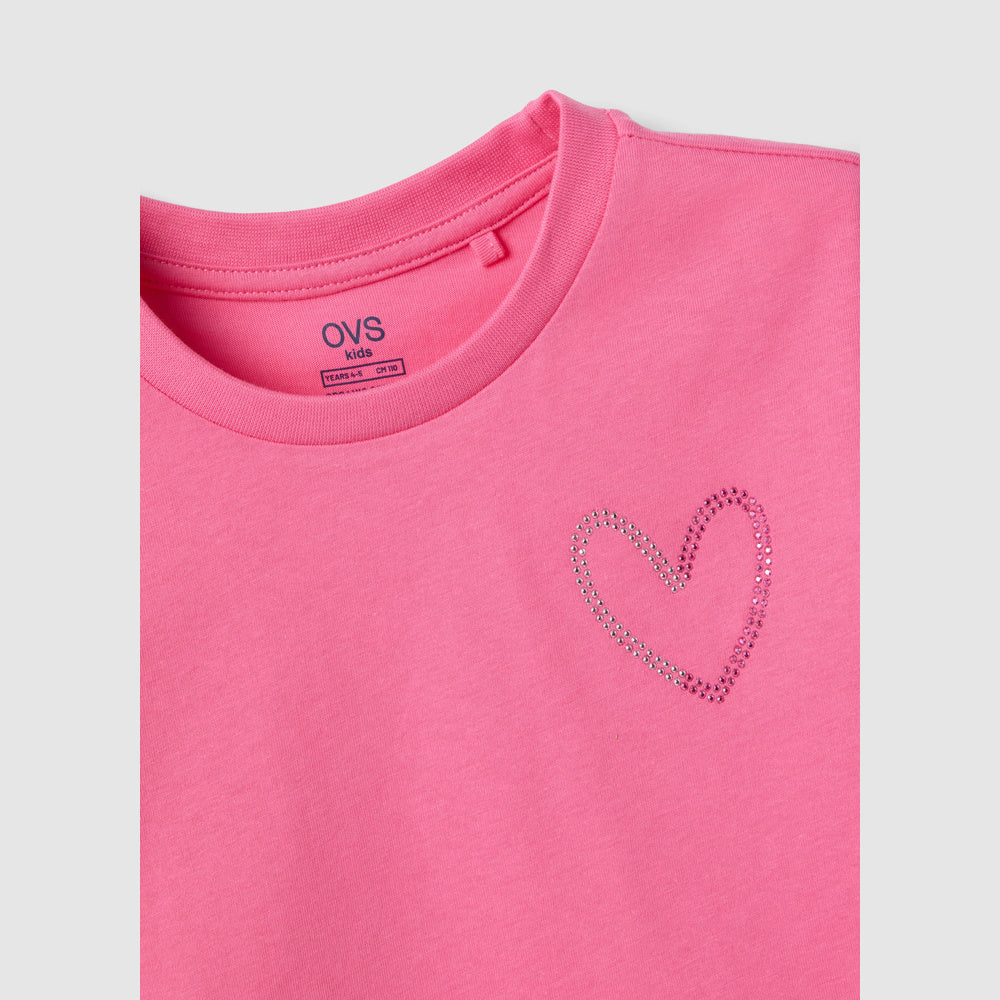 OVS | Camiseta Rosa de Algodón con Detalle de Corazones para Niña