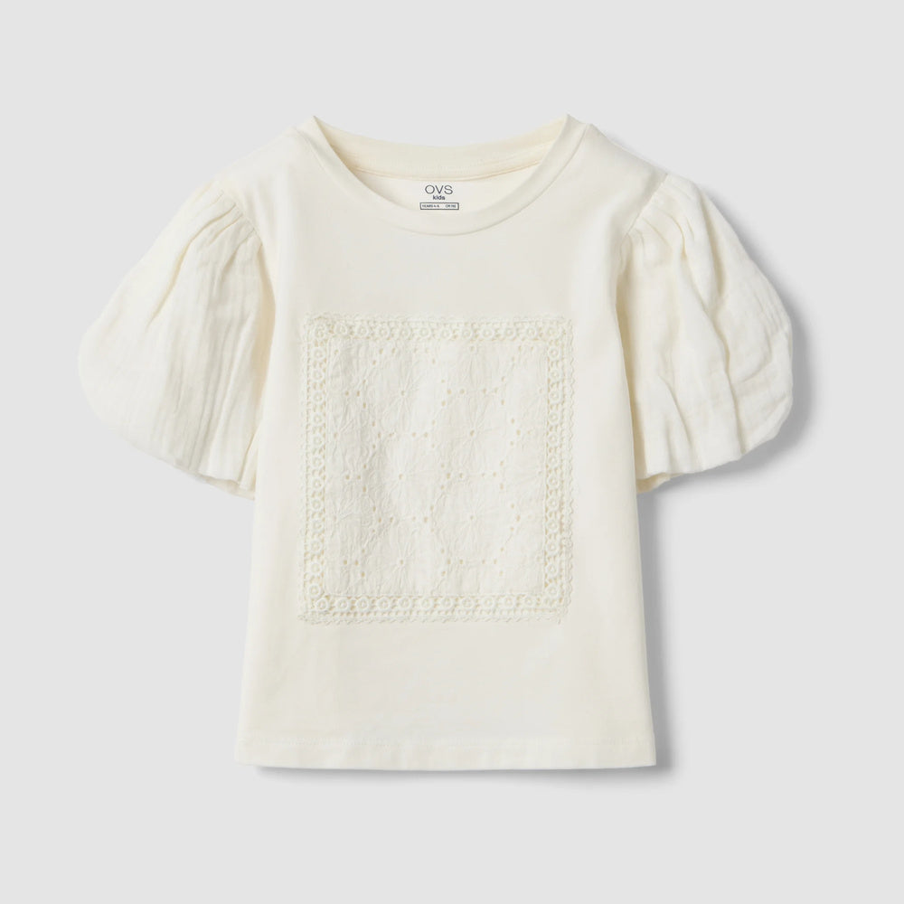 OVS | Camiseta blanca de algodón elástico con estampado y detalle cut-out para niña