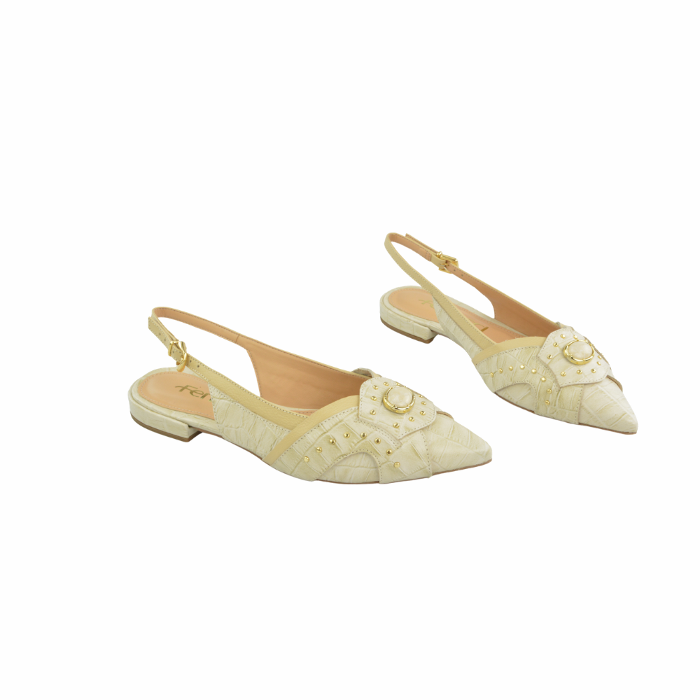 Flat Punta Hoja Cuero Croco Italiano Off White Ferrucci - vista 1