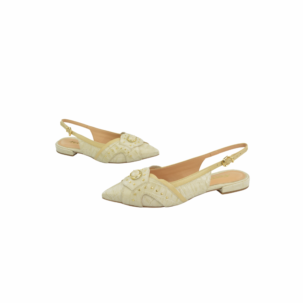 Flat Punta Hoja Cuero Croco Italiano Off White Ferrucci - vista 3