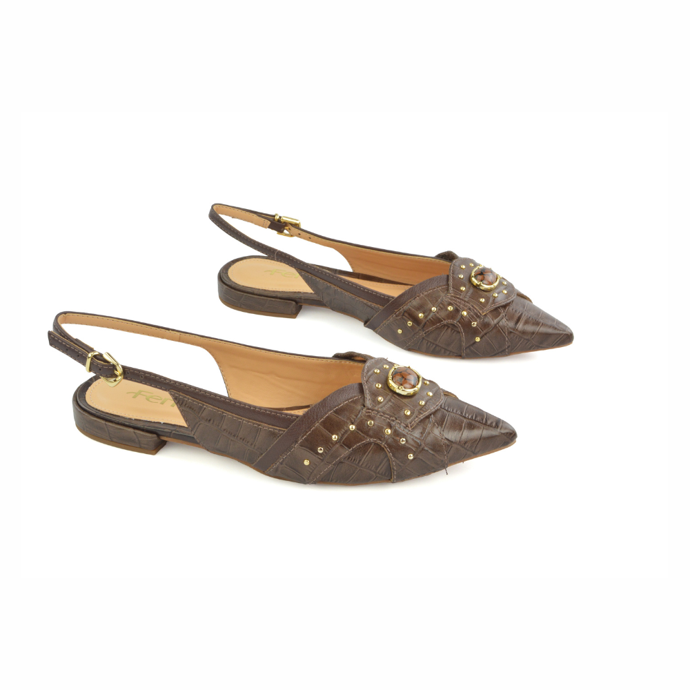 Flat Punta Hoja Cuero Croco Italiano Brown Ferrucci - vista 1