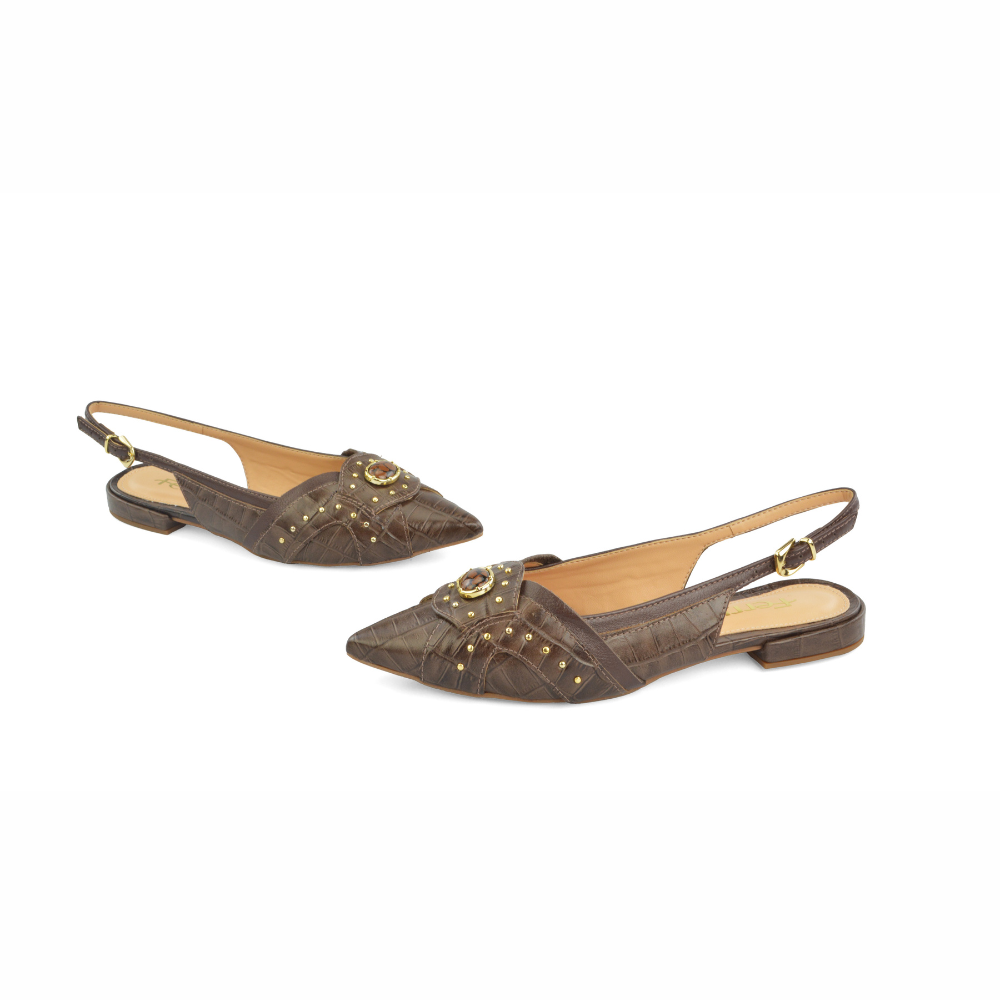 Flat Punta Hoja Cuero Croco Italiano Brown Ferrucci - vista 3