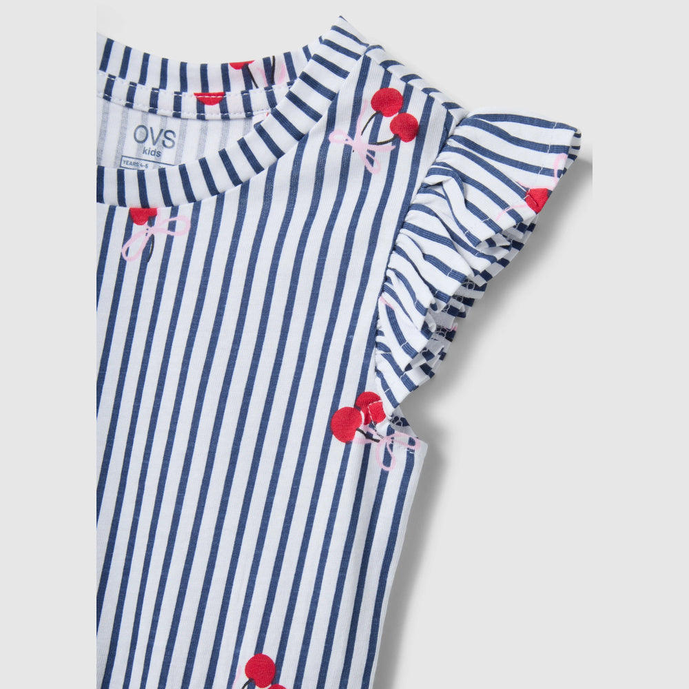 OVS | Vestido azul de algodón puro con diseño a rayas y volantes para niña