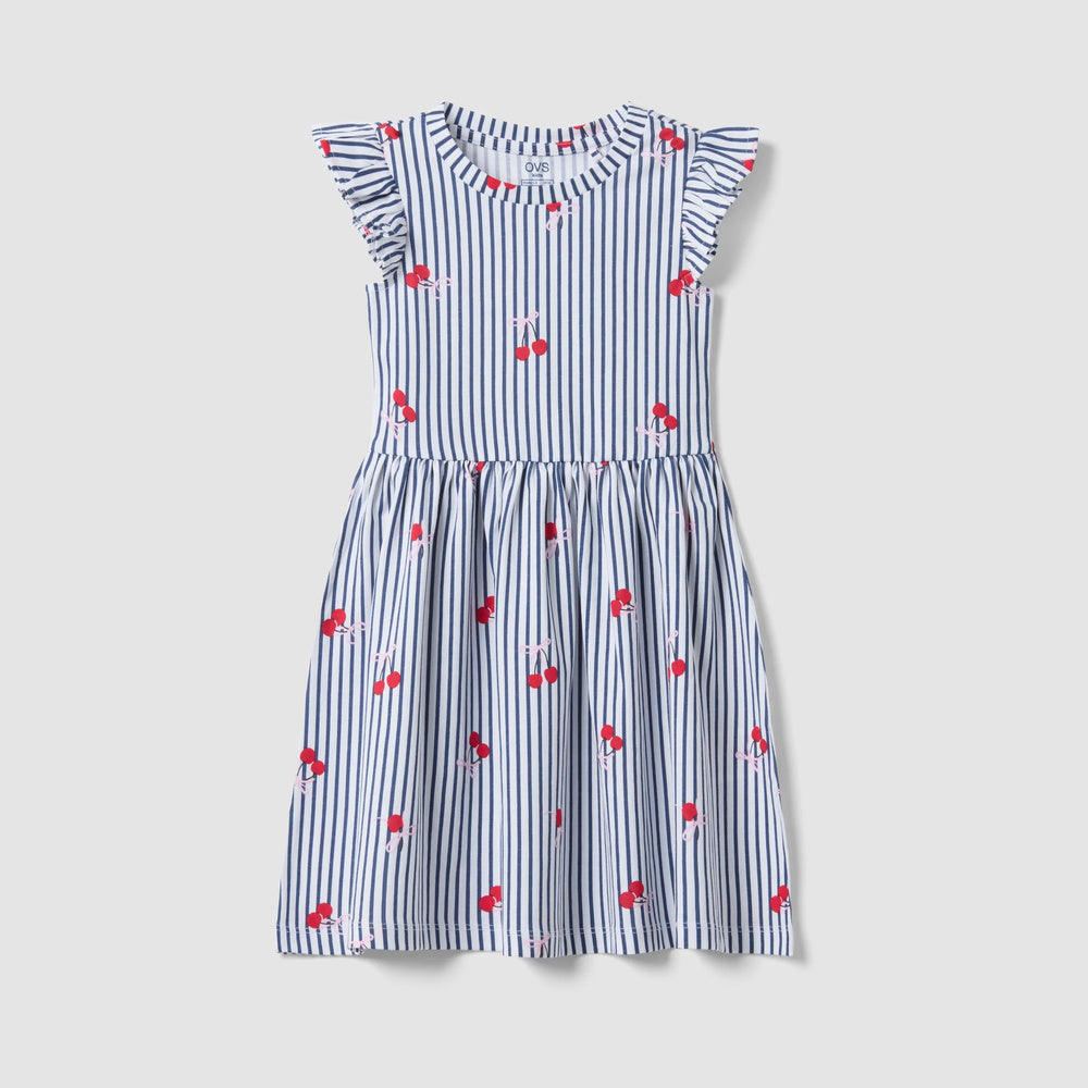 OVS | Vestido azul de algodón puro con diseño a rayas y volantes para niña