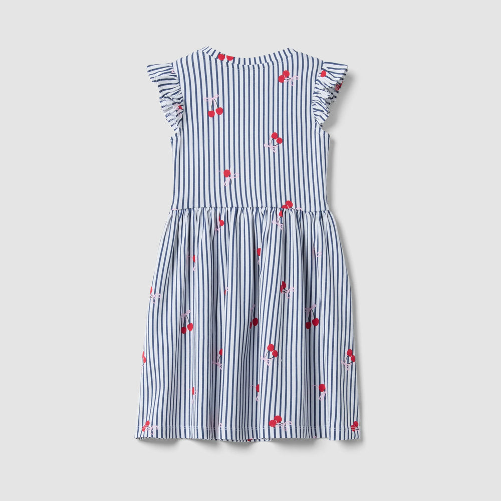 OVS | Vestido azul de algodón puro con diseño a rayas y volantes para niña