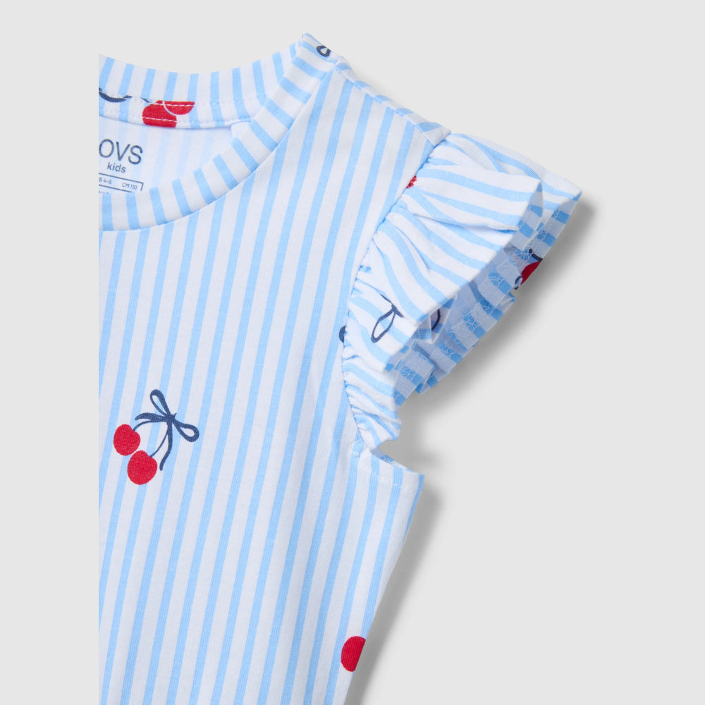 OVS | Vestido azul de algodón puro con diseño a rayas y volantes para niña