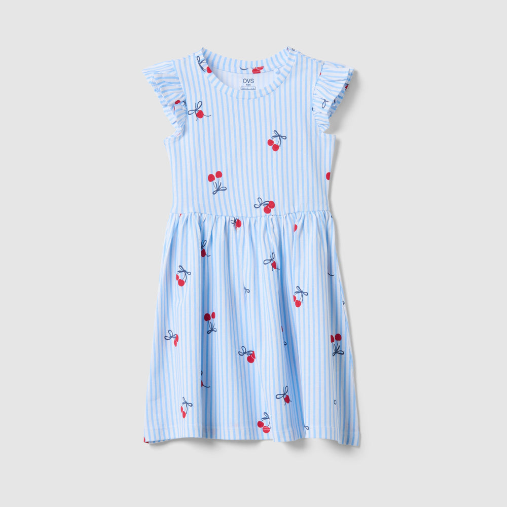 OVS | Vestido azul de algodón puro con diseño a rayas y volantes para niña