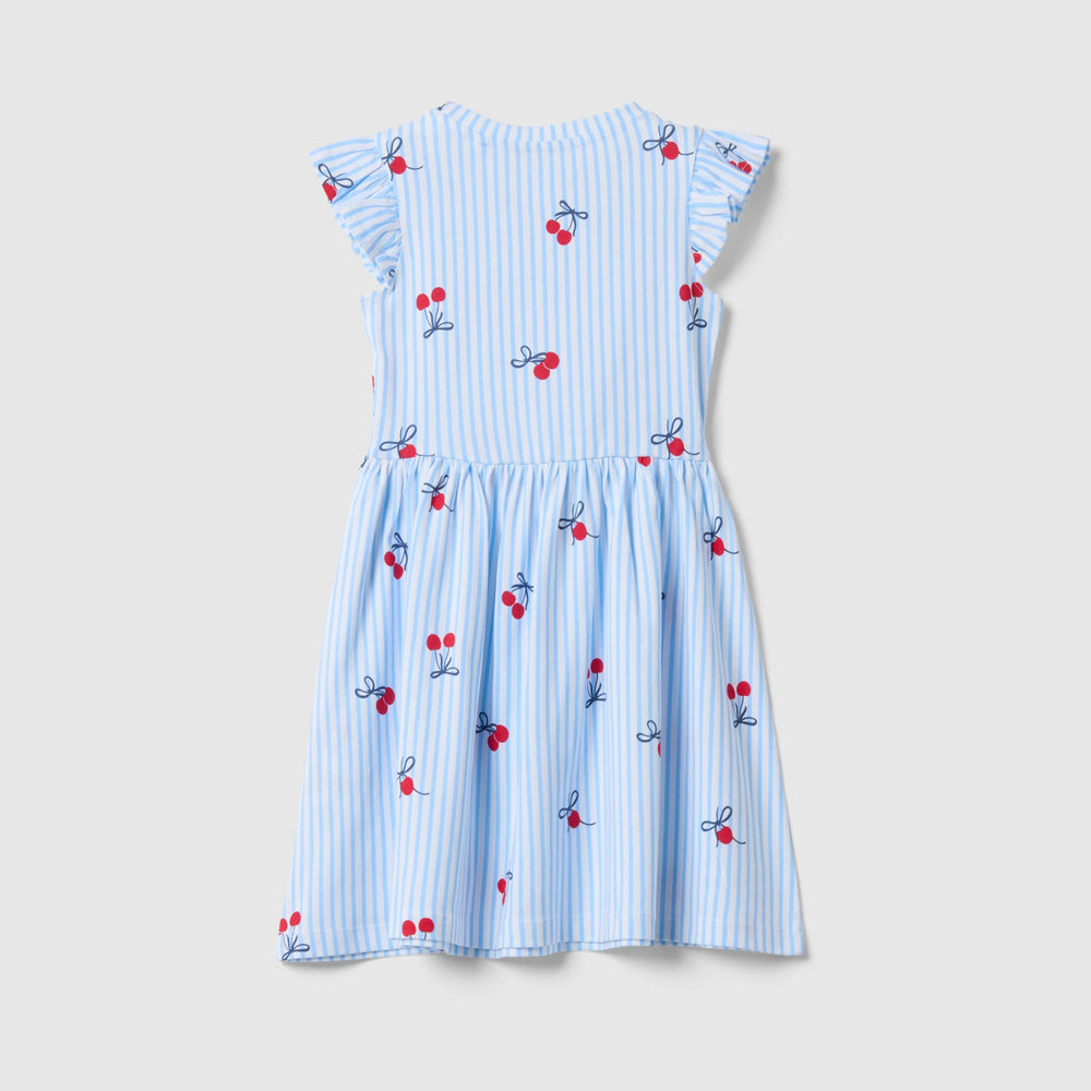 OVS | Vestido azul de algodón puro con diseño a rayas y volantes para niña