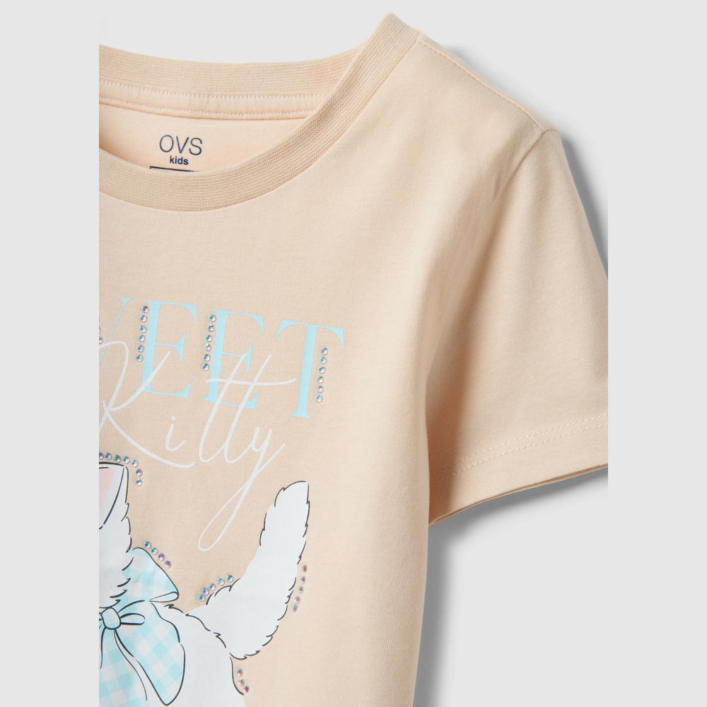 OVS | Camiseta beige de algodón puro con estampado para niña