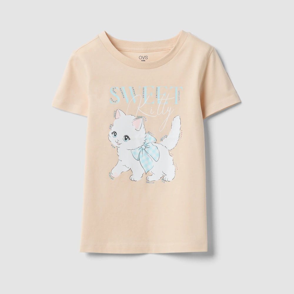 OVS | Camiseta beige de algodón puro con estampado para niña