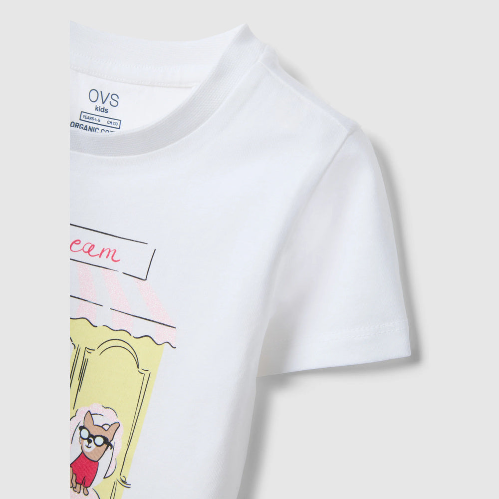 OVS | Camiseta blanca de algodón puro con estampado para niña