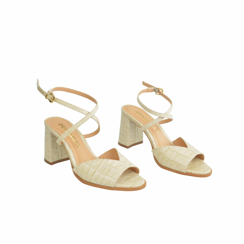 Sandalia Tacón Bloque Cuero Croco Italiano Off White Ferrucci - vista 1