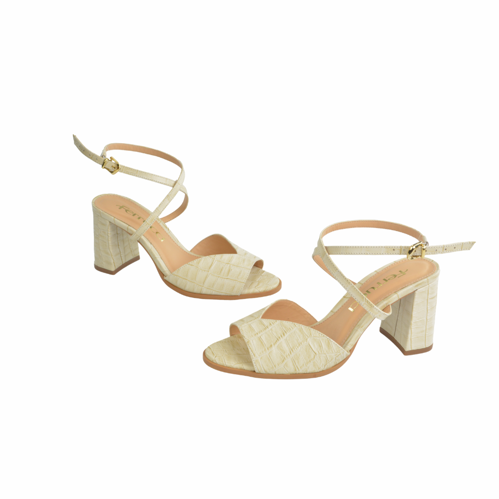 Sandalia Tacón Bloque Cuero Croco Italiano Off White Ferrucci - vista 3
