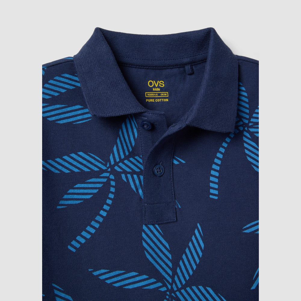 OVS | Polo azul de algodón puro con estampado floral para niño