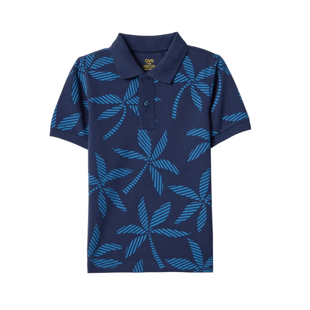 OVS | Polo azul de algodón puro con estampado floral para niño