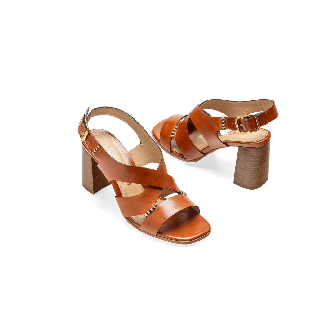 Ferrucci | Sandalia Entrelineas Tacón Bloque Cuero Tangerine