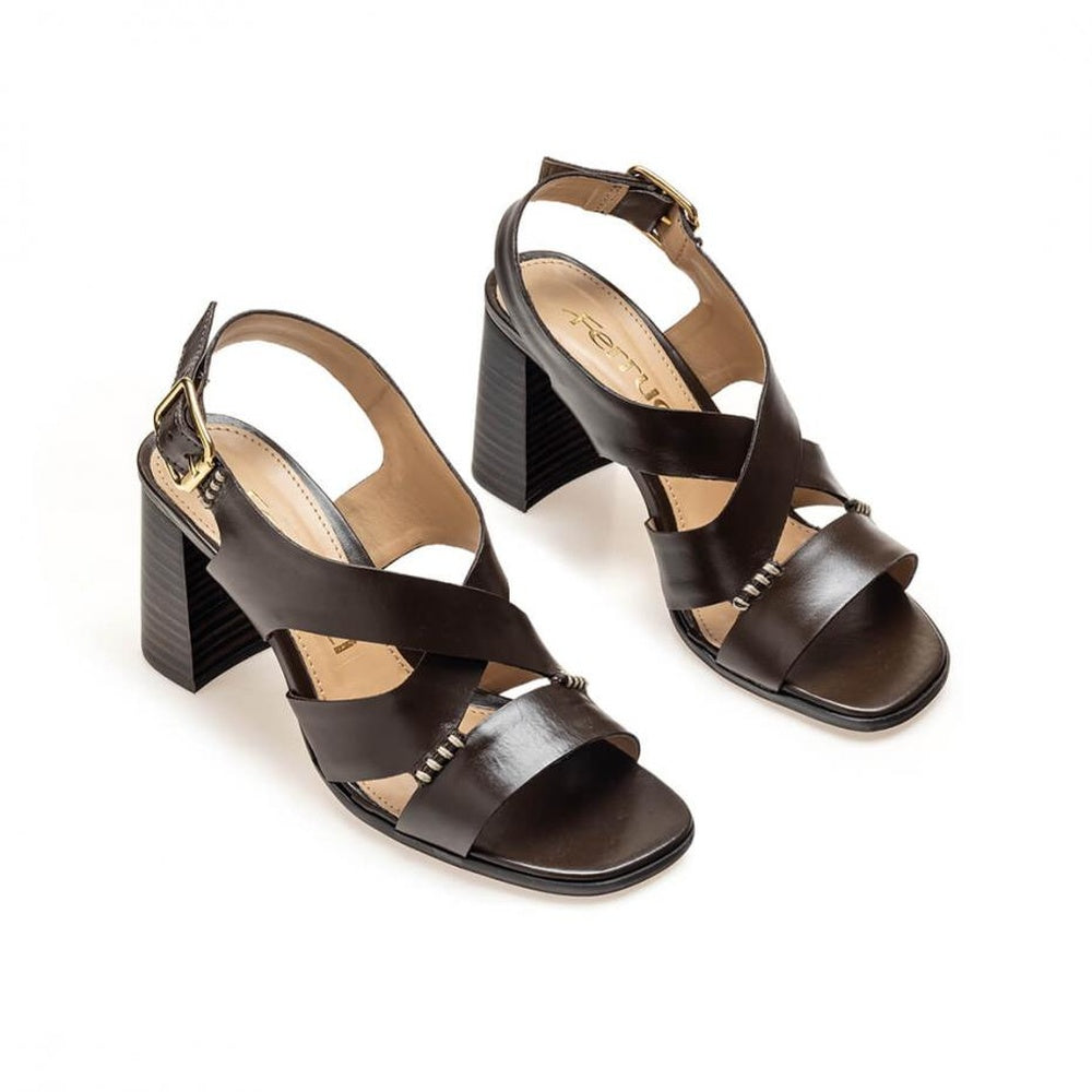 Ferrucci | Sandalia Entrelineas Tacón Bloque Cuero Tangerine