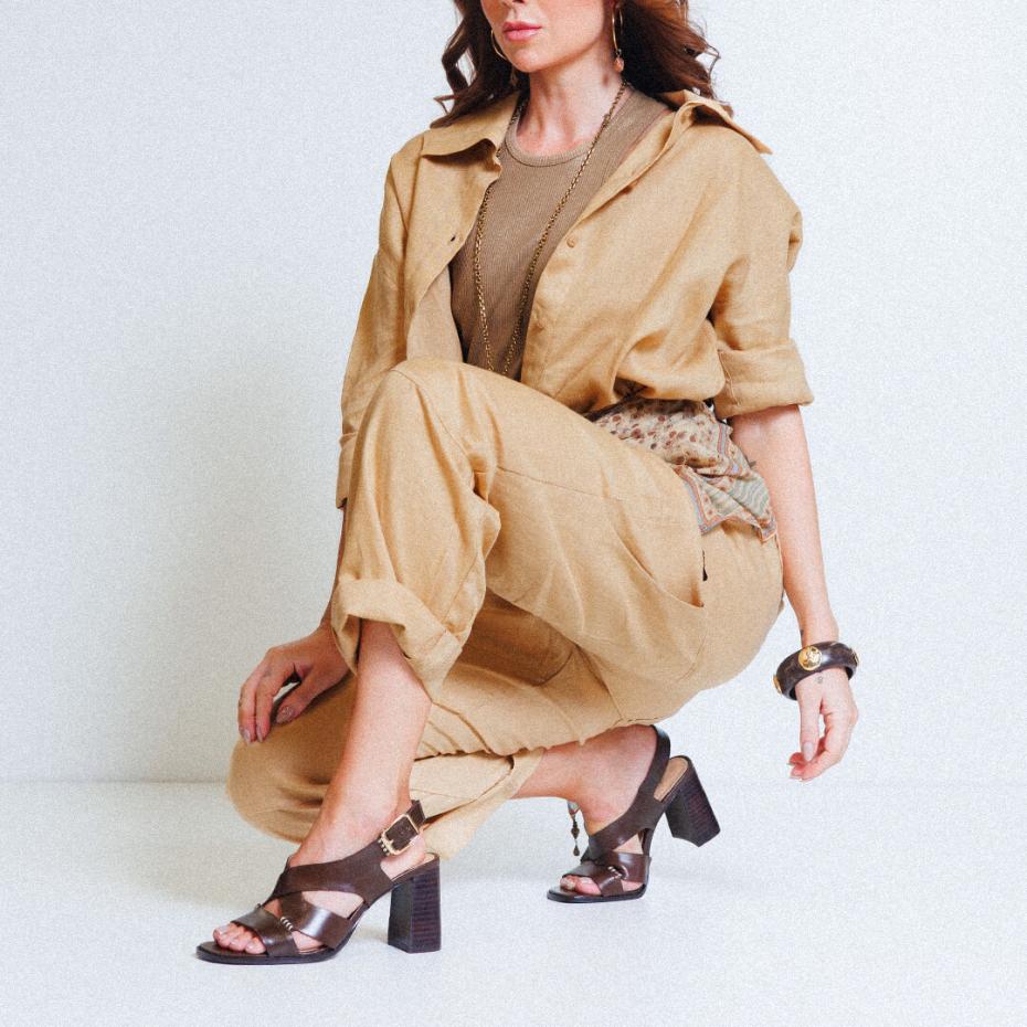 Ferrucci | Sandalia Entrelineas Tacón Bloque Cuero Tangerine