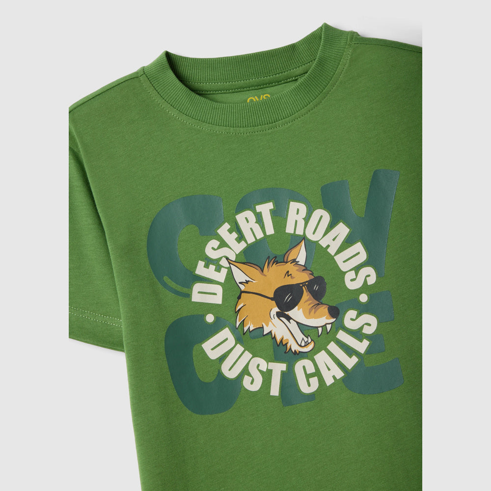 OVS | Camiseta verde de algodón puro con estampado infantil