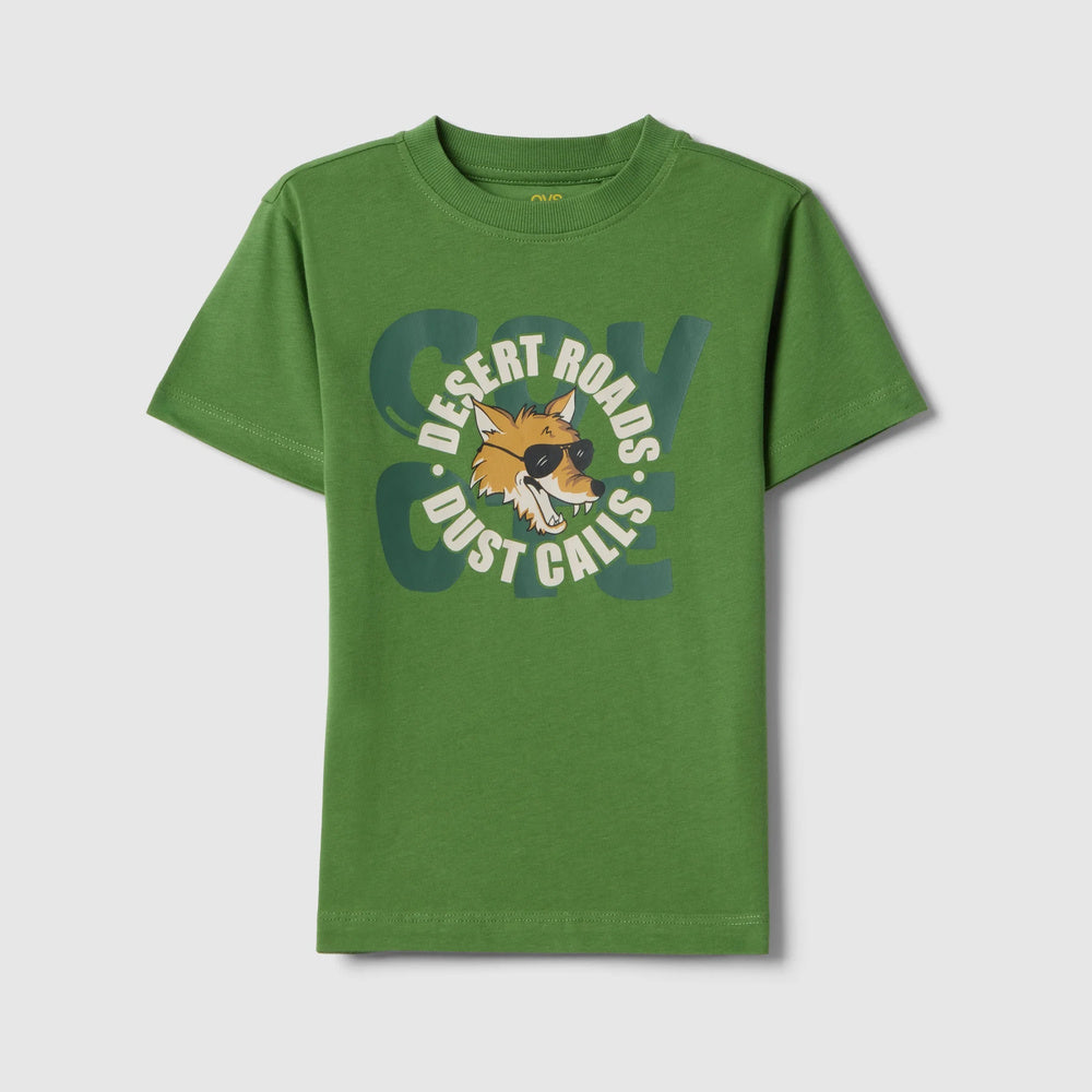 OVS | Camiseta verde de algodón puro con estampado infantil