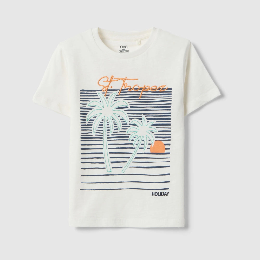 OVS | Camiseta blanca de algodón puro con estampado infantil