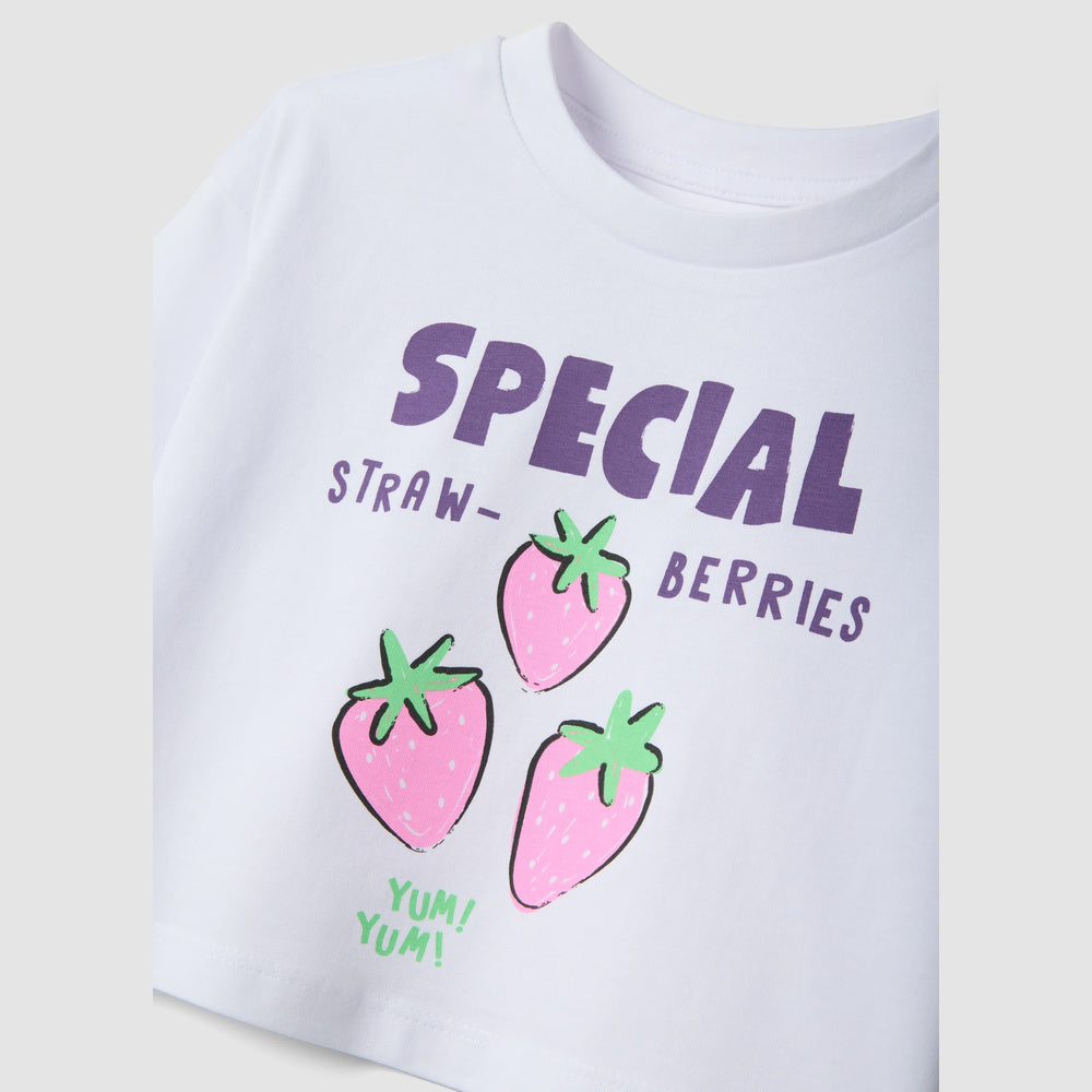 OVS | Camiseta blanca de algodón puro con estampado de fresa para niña