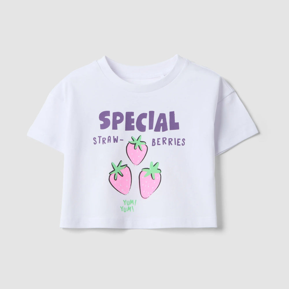 OVS | Camiseta blanca de algodón puro con estampado de fresa para niña