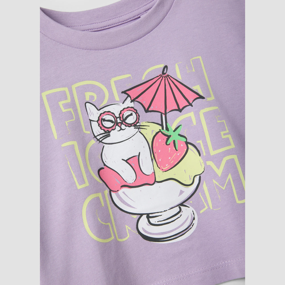 OVS | Camiseta morada de algodón puro con estampado de fresa para niña