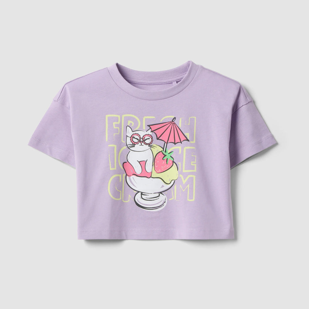 OVS | Camiseta morada de algodón puro con estampado de fresa para niña