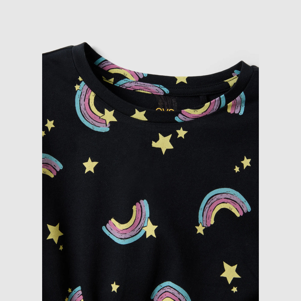 OVS | Vestido negro de algodón puro con diseño de arcoíris para niña