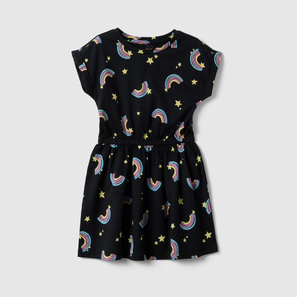 OVS | Vestido negro de algodón puro con diseño de arcoíris para niña