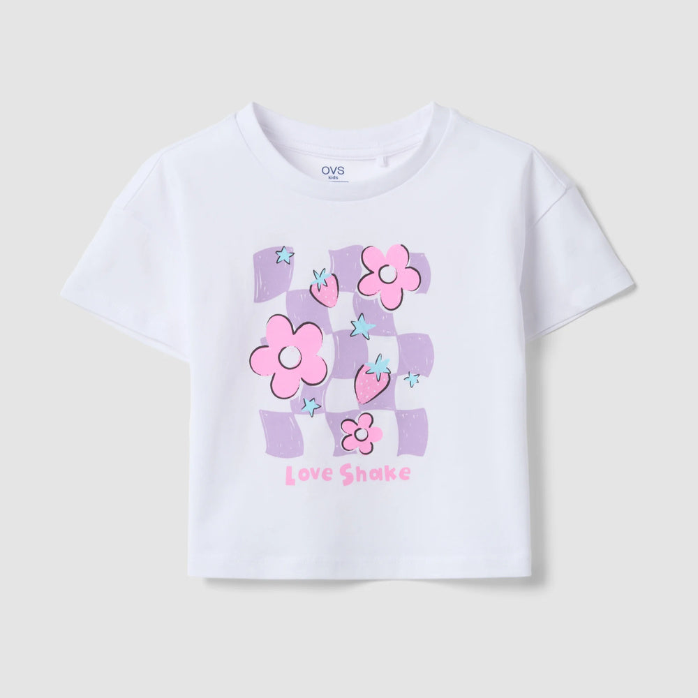 OVS | Camiseta blanca de algodón puro con estampado para niña