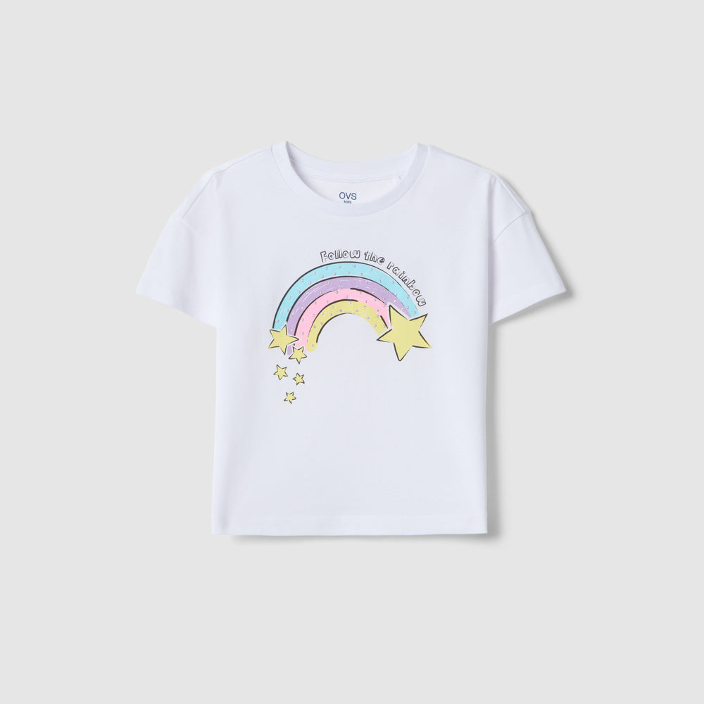 OVS | Camiseta Blanca de Algodón Puro con Diseño de Arcoíris para Niña