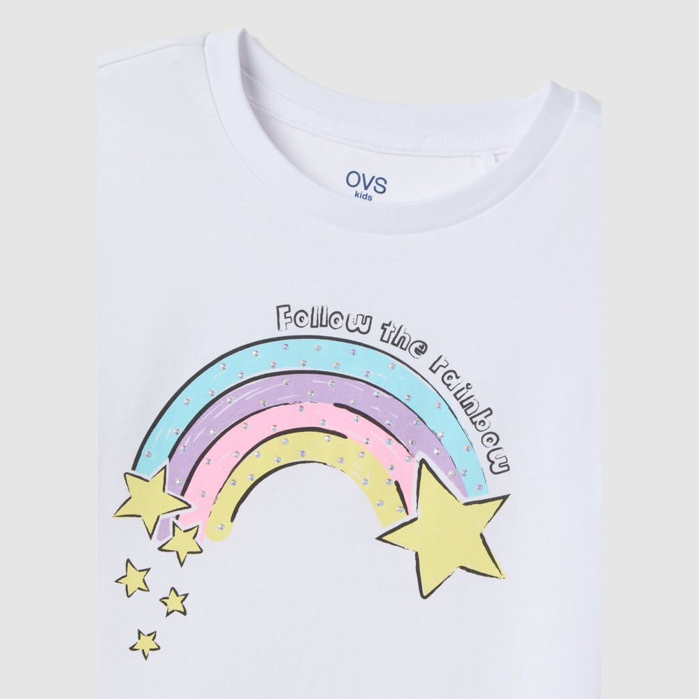 OVS | Camiseta Blanca de Algodón Puro con Diseño de Arcoíris para Niña