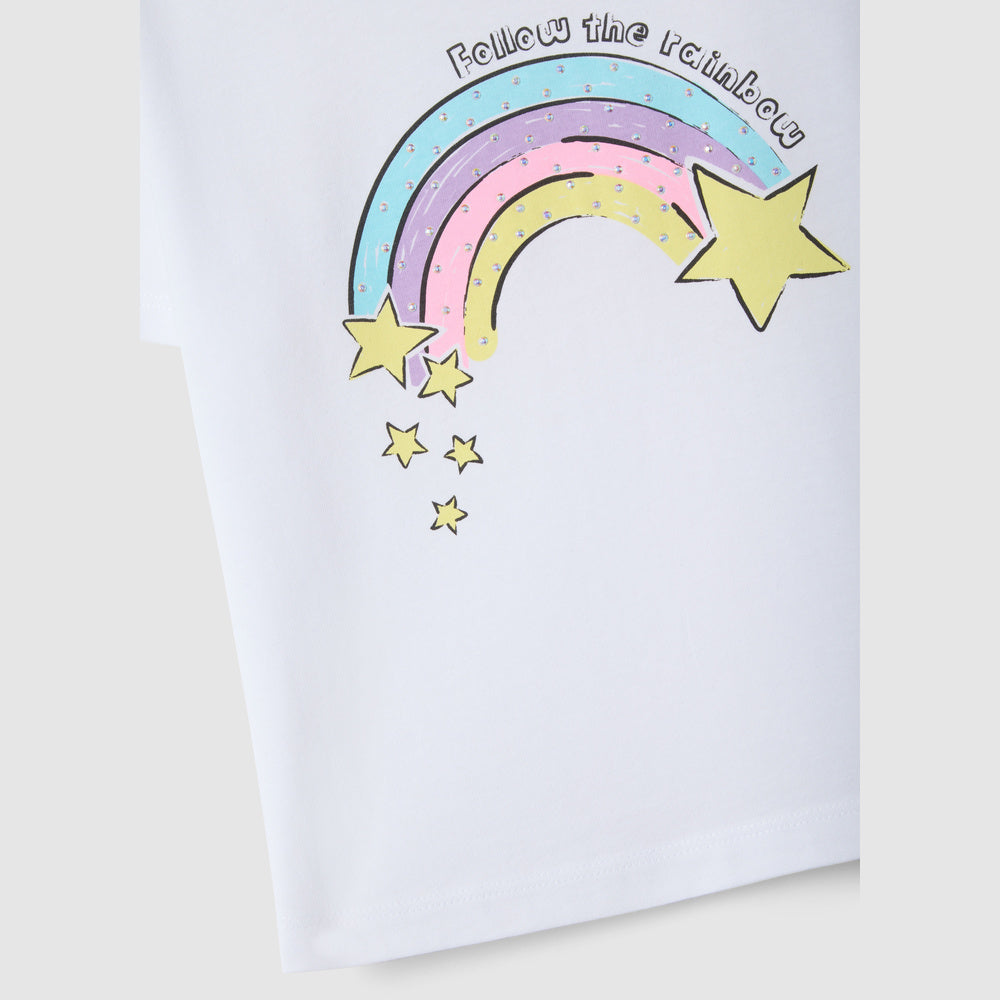 OVS | Camiseta Blanca de Algodón Puro con Diseño de Arcoíris para Niña