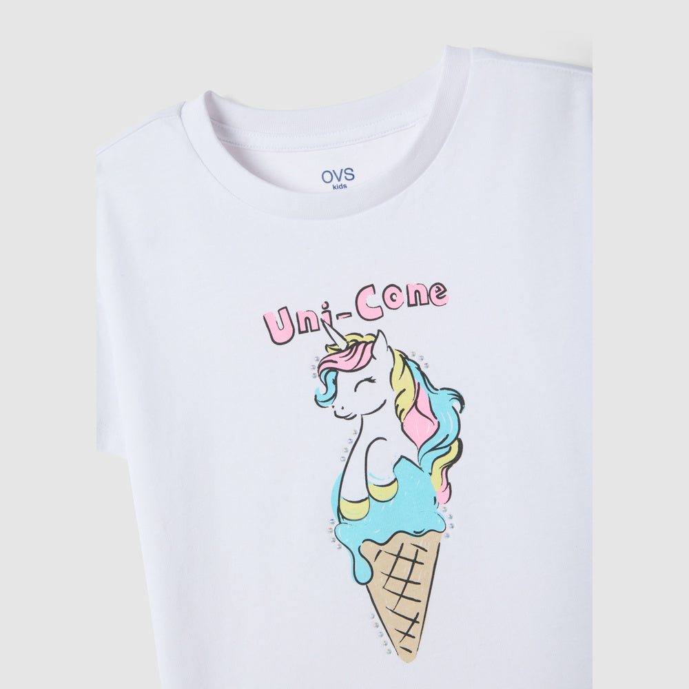 OVS | Camiseta Blanca de Algodón con Estampado de Helado para Niña