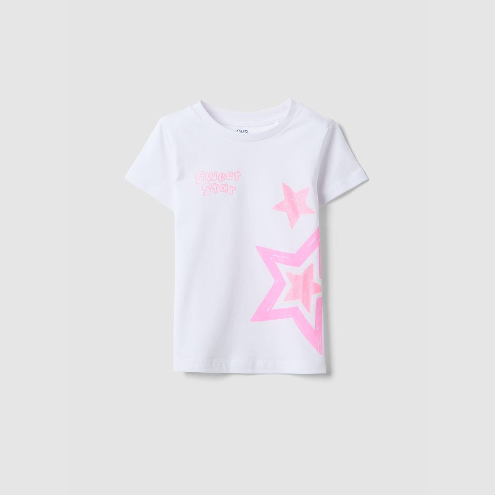 OVS | Camiseta Blanca de Algodón Puro con Detalle de Estrellas para Niña