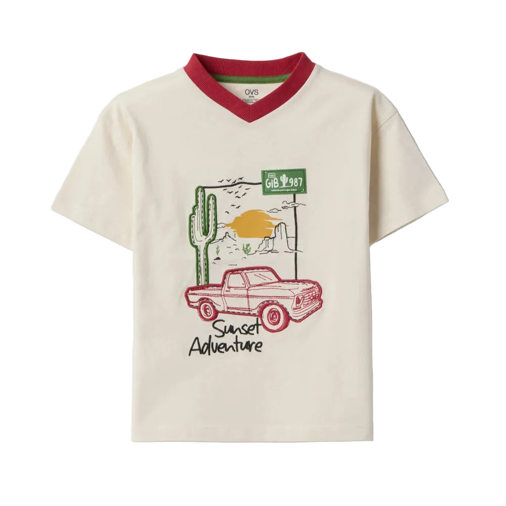 OVS | Camiseta beige de algodón puro con estampado aventurero para niño