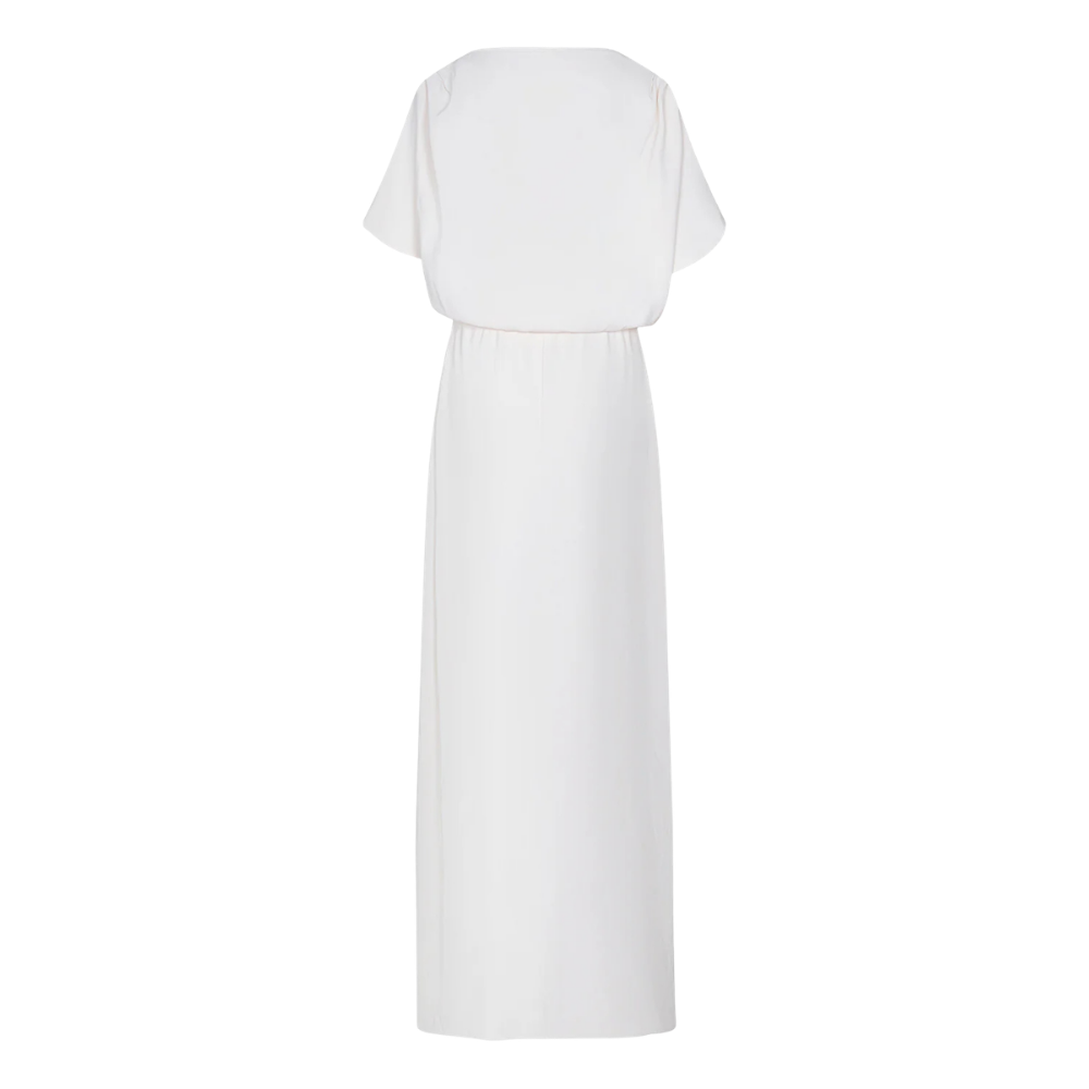 Vestido Porto Santo crepé natural - detalle elástico cintura abertura falda poliéster elastano