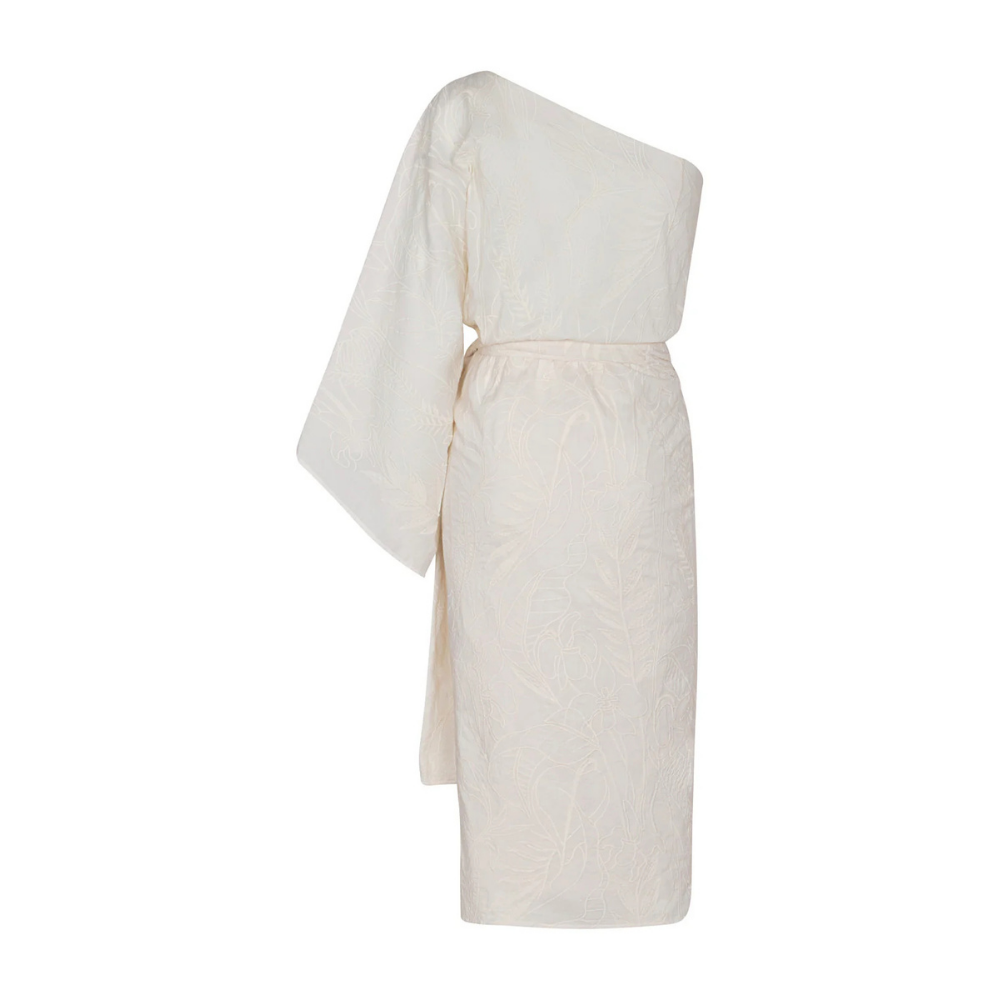 Vestido Isla del Sol kimono un hombro bordado natural - detalle bordado hilos poliéster algodón forro rayón