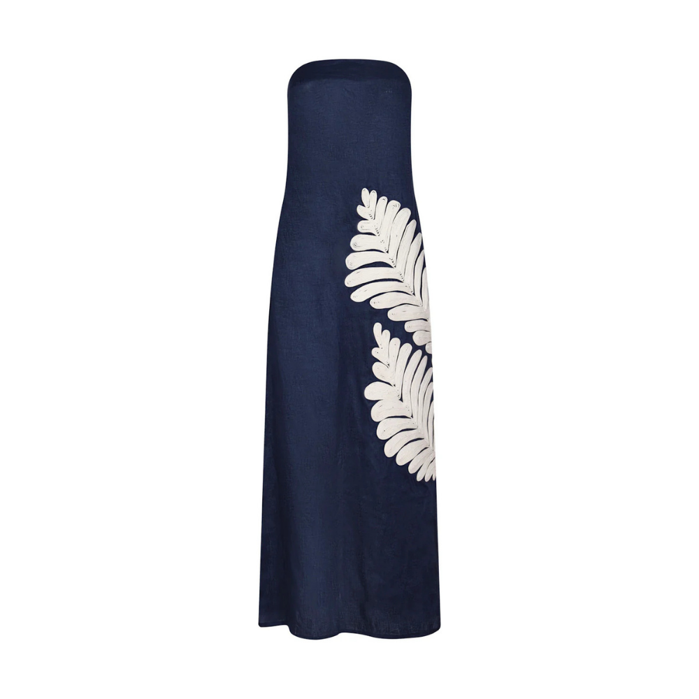 Vestido Manglar strapless lino bordado artesanal navy - detalle bordado cordón encerado relieve orgánico