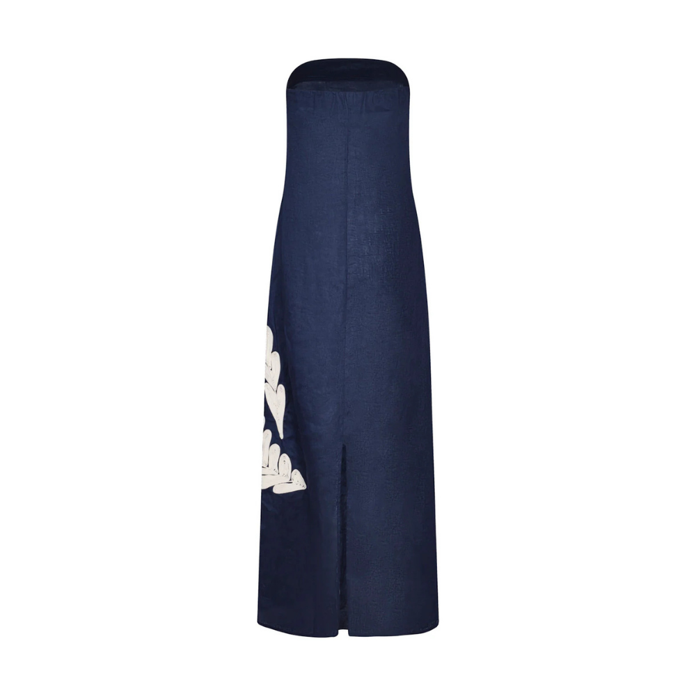 Vestido Manglar strapless lino bordado artesanal navy - vista lateral lino 100% azul navy fit regular
