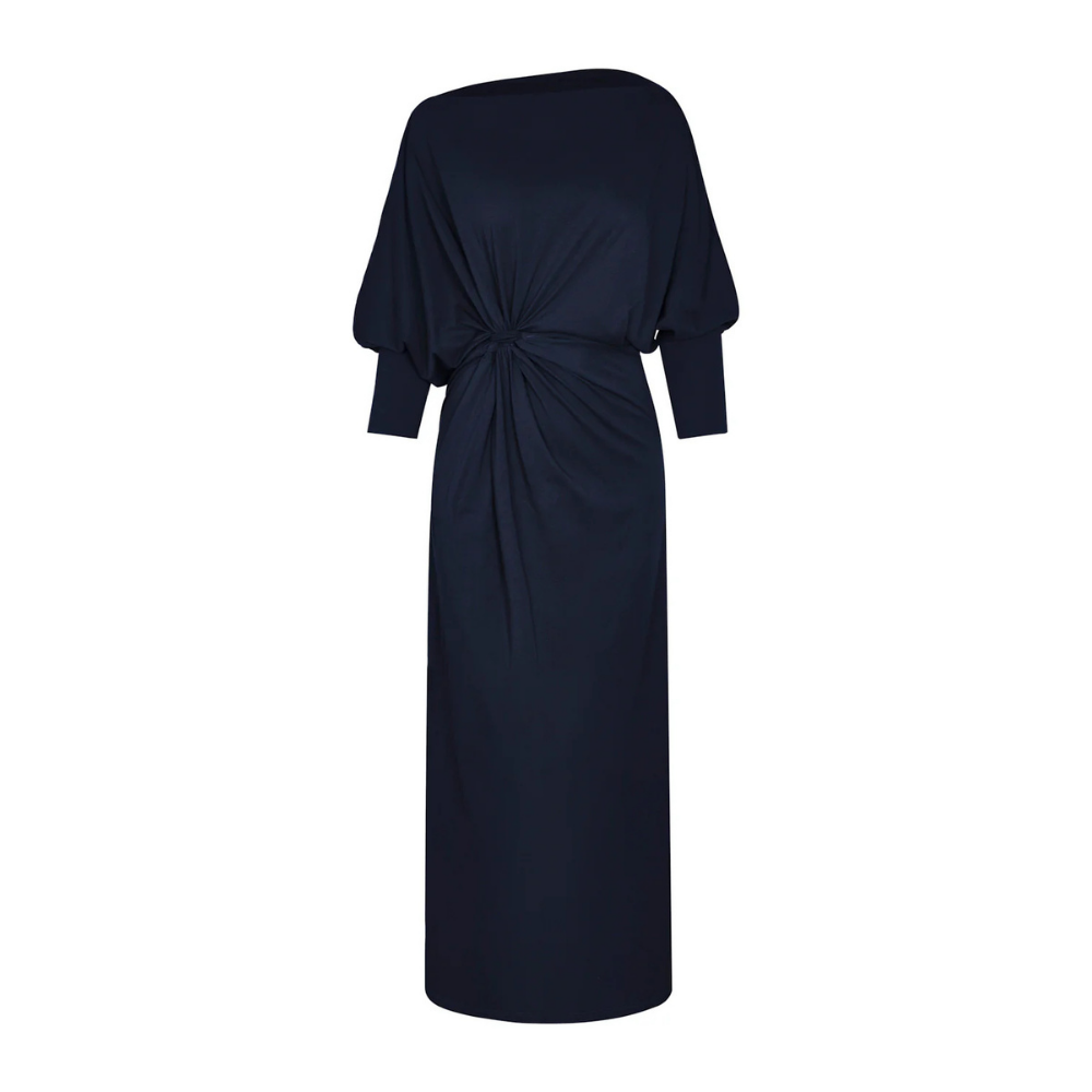 Vestido Monte Fuji largo nudo drapeado algodón - vista frontal azul navy cuello bandeja mangas largas