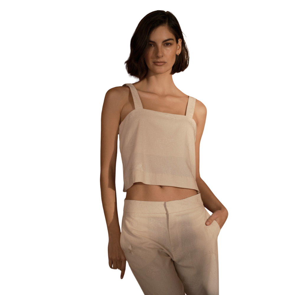 Esprit | Top Corto de Lino con Bordado Floral Sutil Dama