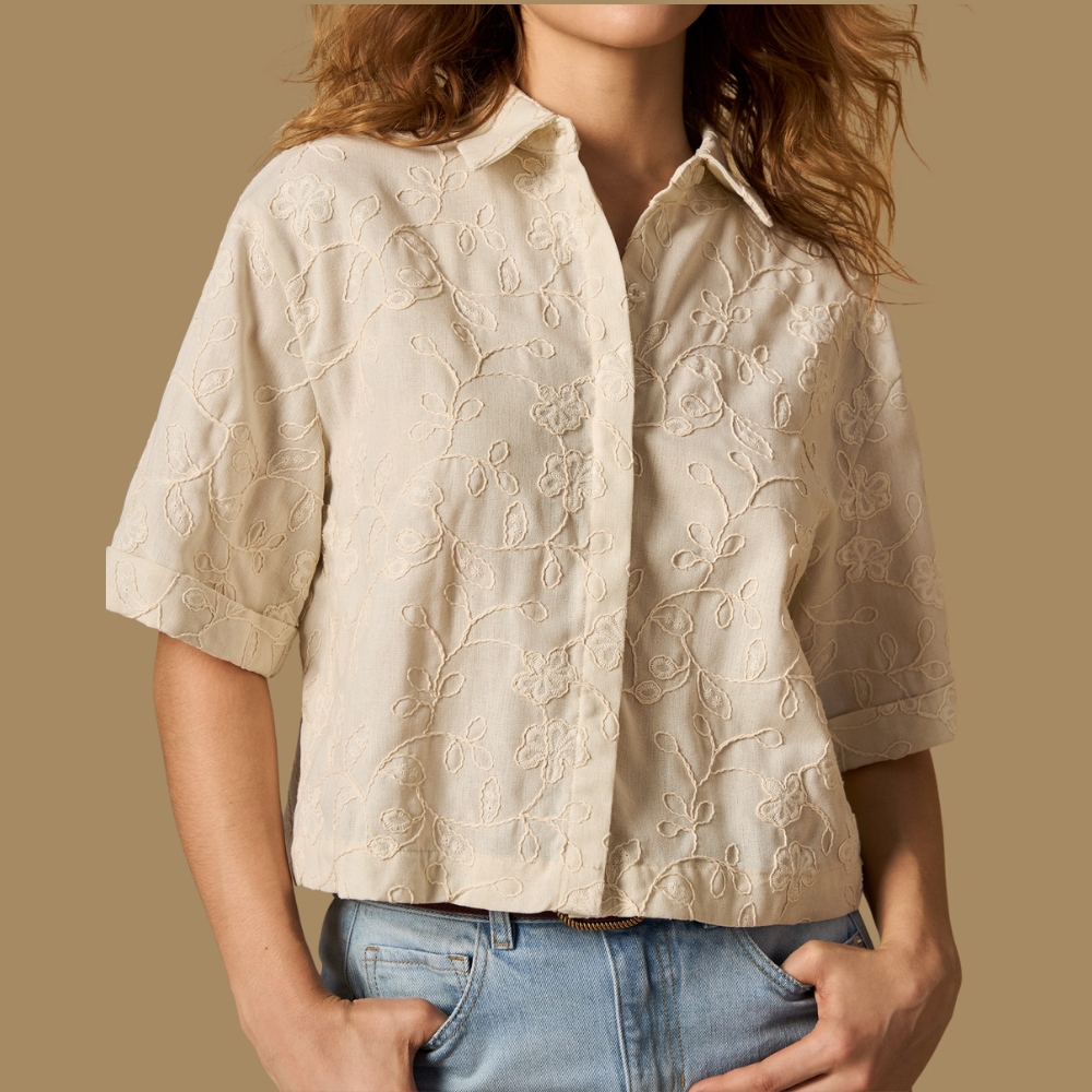 Esprit | Camisa Corta de Lino con Bordado Floral para Dama