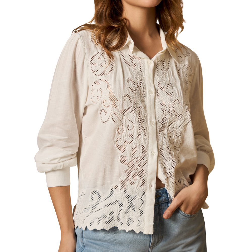 Esprit | Blusa Camisera con Panel Frontal de Guipur y Calados